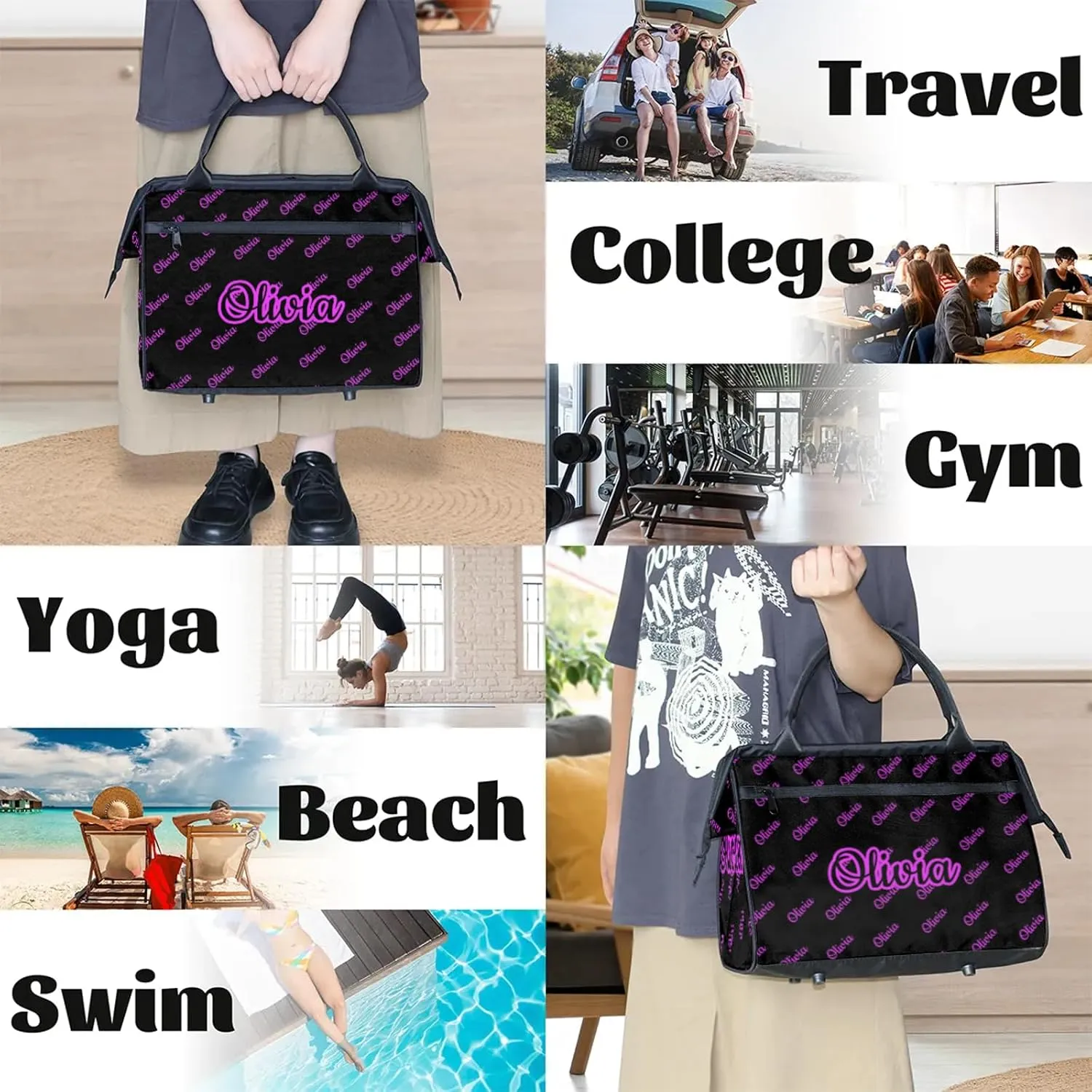 Custom Sport Duffel Bags Personalized Travel Overnight Bag Waterproof Dance Bag Lightweight Carry-On Tote for Women Men 15.2in, Black Pink