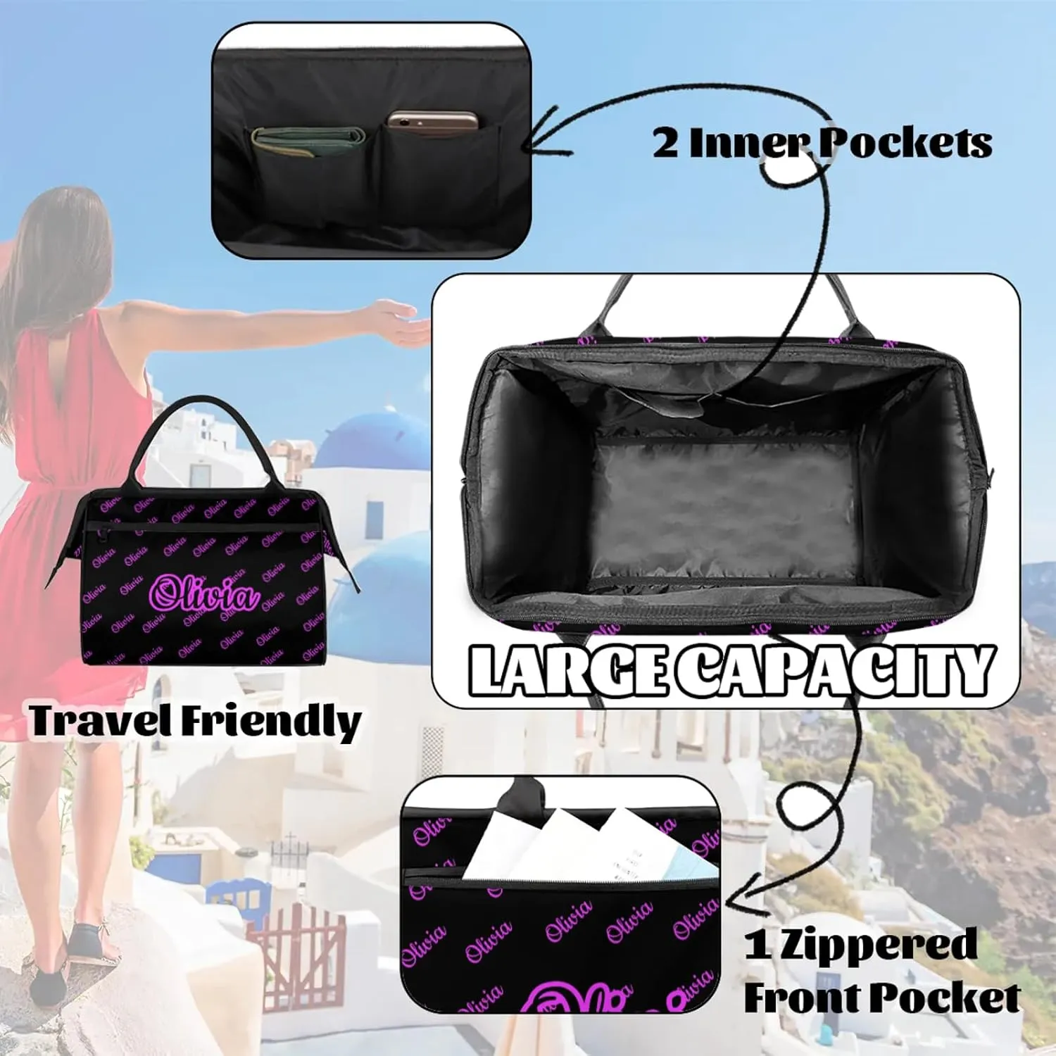 Custom Sport Duffel Bags Personalized Travel Overnight Bag Waterproof Dance Bag Lightweight Carry-On Tote for Women Men 15.2in, Black Pink