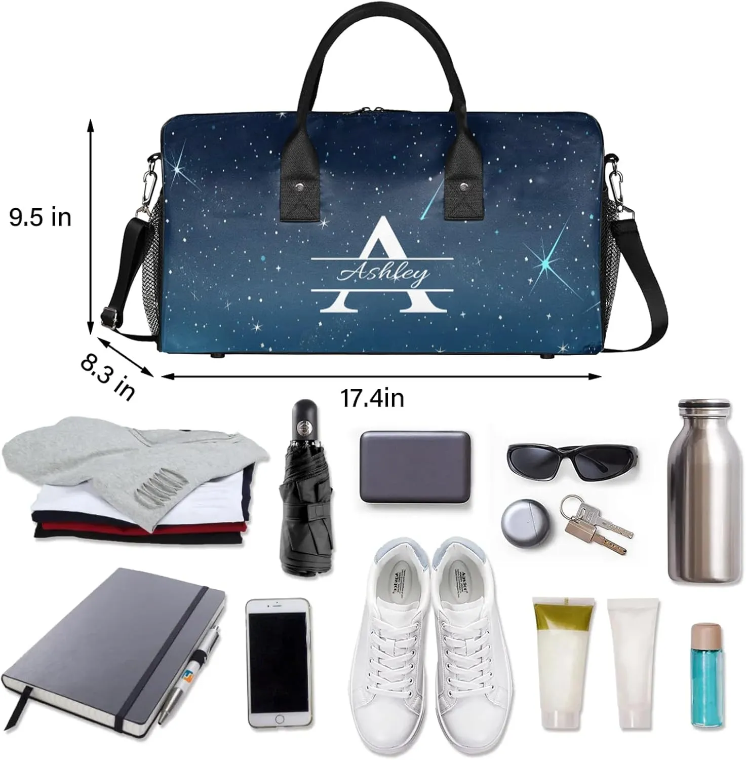 Custom Sports Duffel Bag Personalized Name Dance Gym Bag for Women Men Overnight Weekender Travel Duffel Bags Lightweight 17.4in, Star Space