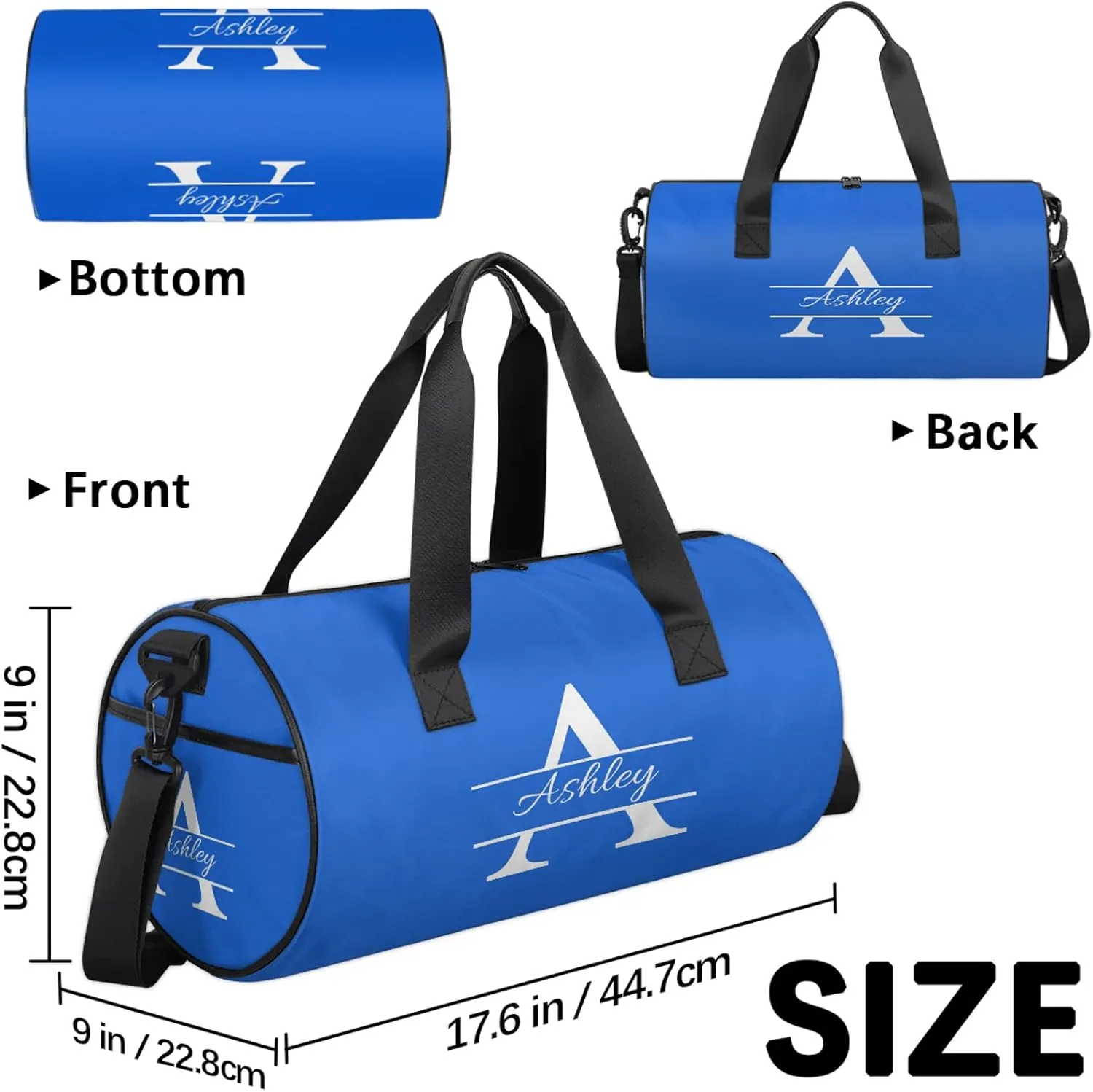 Custom Sports Duffel Bag Personalized Name Dance Gym Bag for Women Men Overnight Weekender Travel Duffel Bags Lightweight 17.6in, Royal Blue