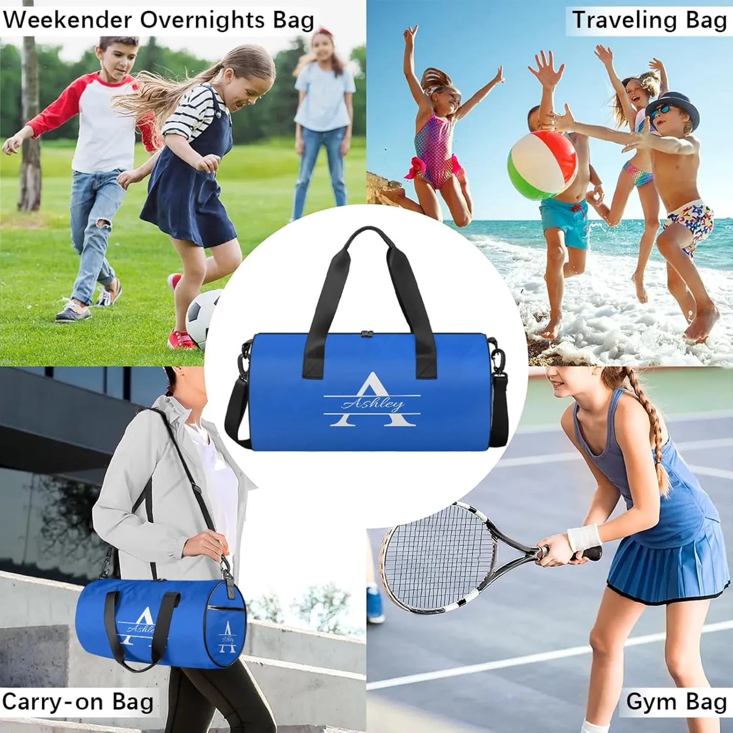 Custom Sports Duffel Bag Personalized Name Dance Gym Bag for Women Men Overnight Weekender Travel Duffel Bags Lightweight 17.6in, Royal Blue