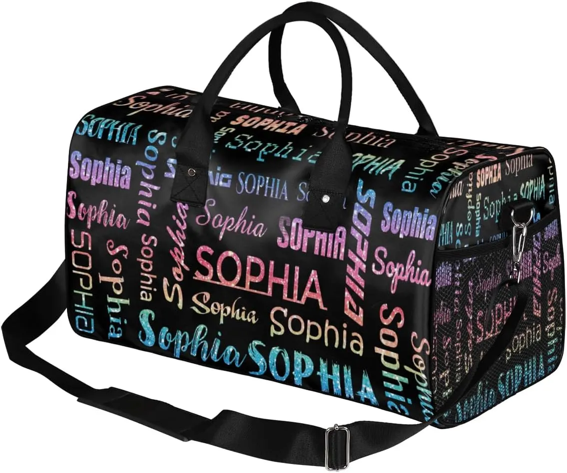 Custom Travel Duffel Bag with Light Rainbow Name, Personalized Gym Bag for Women Men Sports Tote Bags for Swimming Running Playing Ball, Weekender Overnight Bags