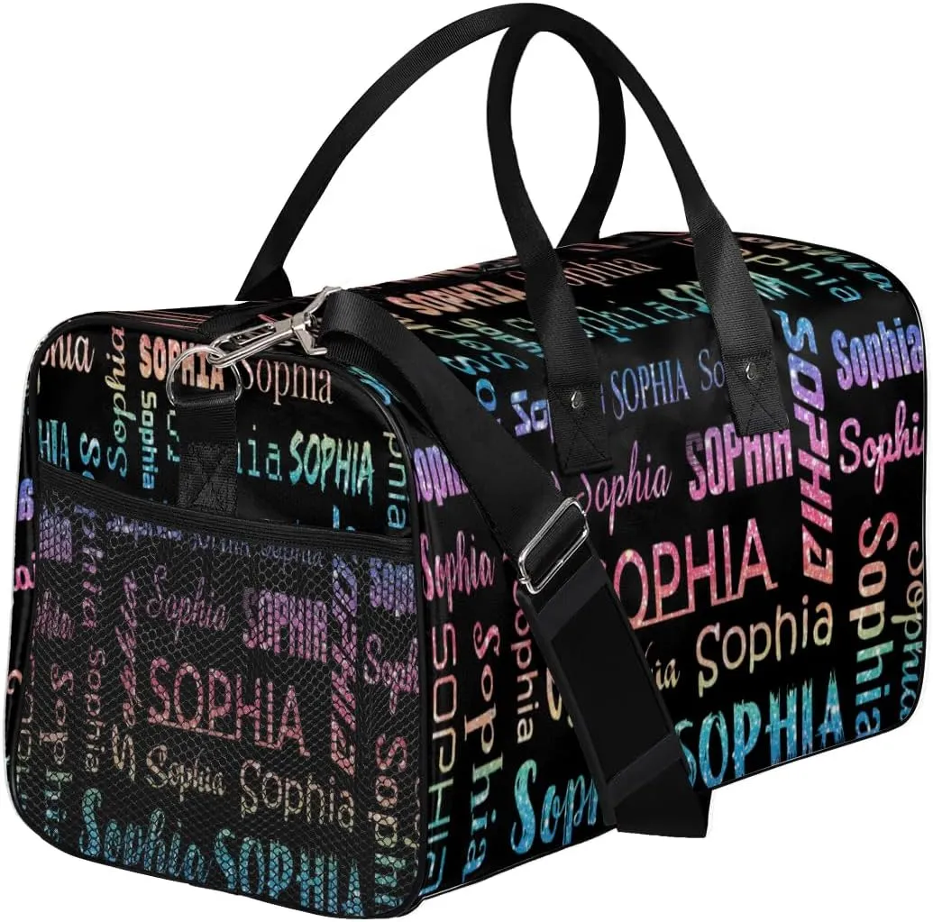 Custom Travel Duffel Bag with Light Rainbow Name, Personalized Gym Bag for Women Men Sports Tote Bags for Swimming Running Playing Ball, Weekender Overnight Bags
