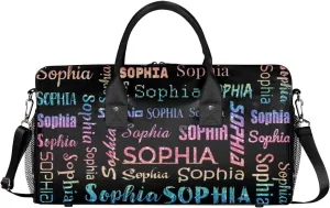 Custom Travel Duffel Bag with Light Rainbow Name, Personalized Gym Bag for Women Men Sports Tote Bags for Swimming Running Playing Ball, Weekender Overnight Bags