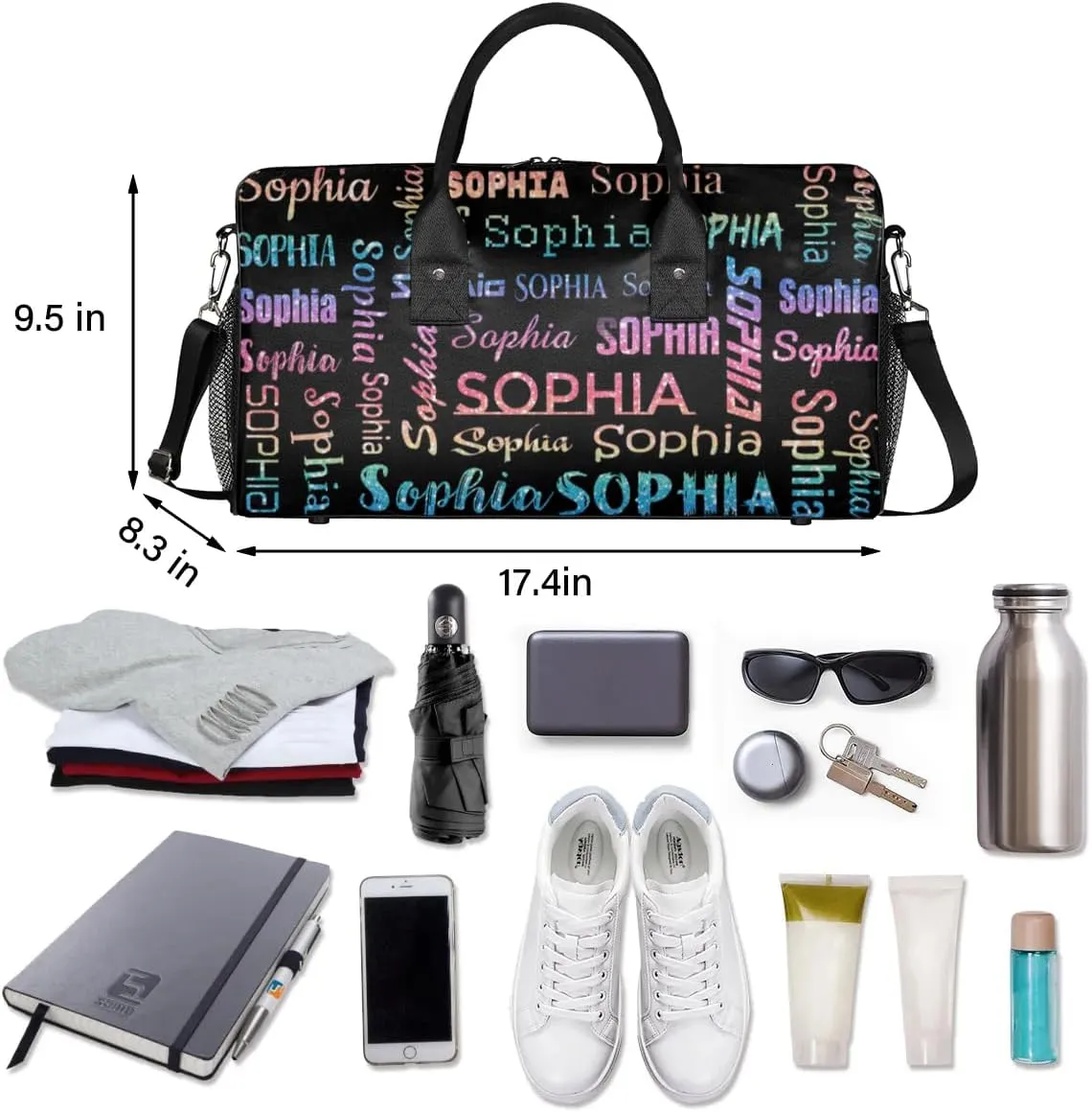Custom Travel Duffel Bag with Light Rainbow Name, Personalized Gym Bag for Women Men Sports Tote Bags for Swimming Running Playing Ball, Weekender Overnight Bags