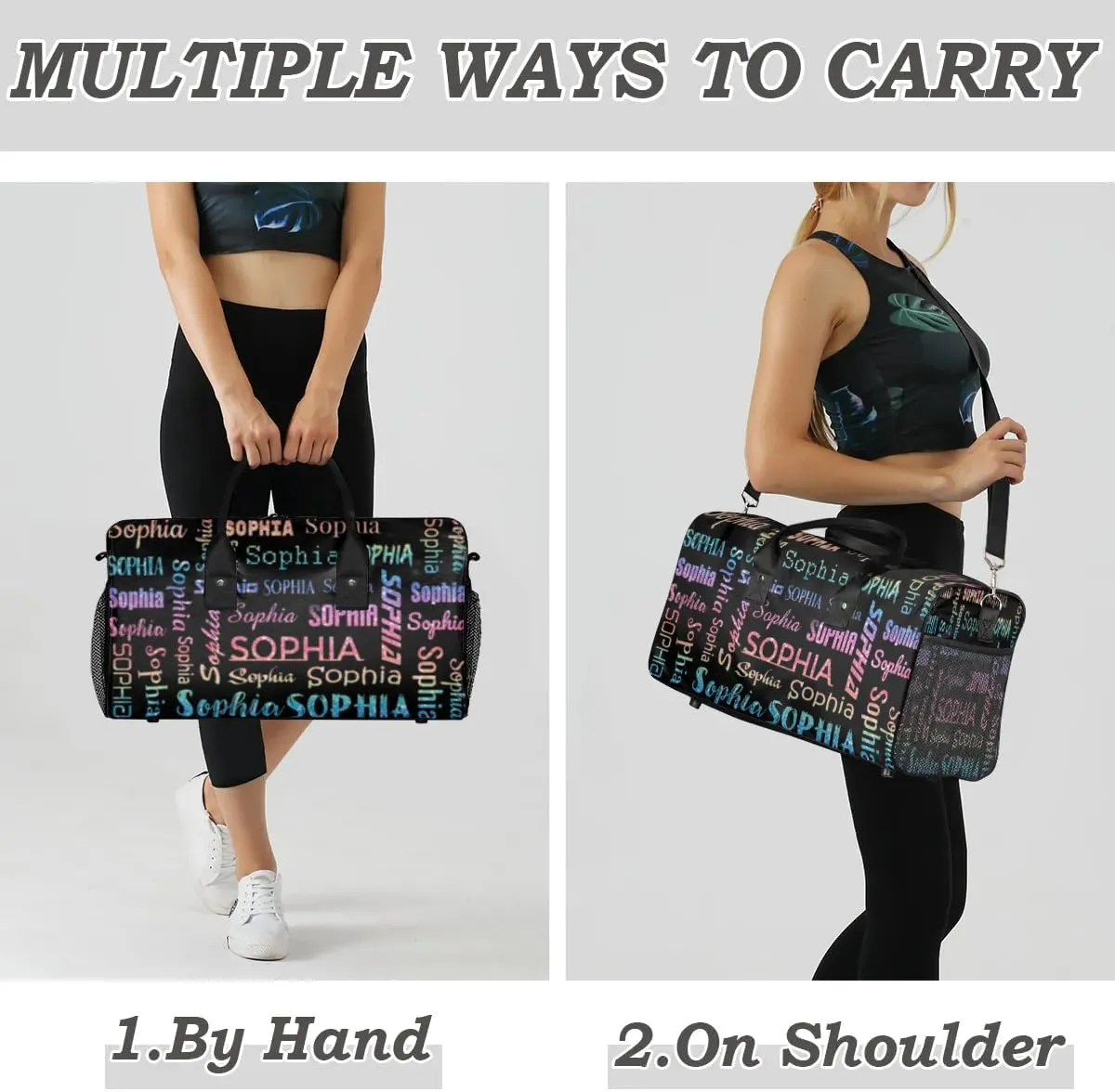 Custom Travel Duffel Bag with Light Rainbow Name, Personalized Gym Bag for Women Men Sports Tote Bags for Swimming Running Playing Ball, Weekender Overnight Bags