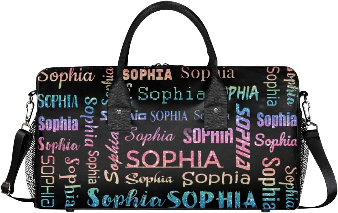 Custom Travel Duffel Bag with Light Rainbow Name, Personalized Gym Bag for Women Men Sports Tote Bags for Swimming Running Playing Ball, Weekender Overnight Bags