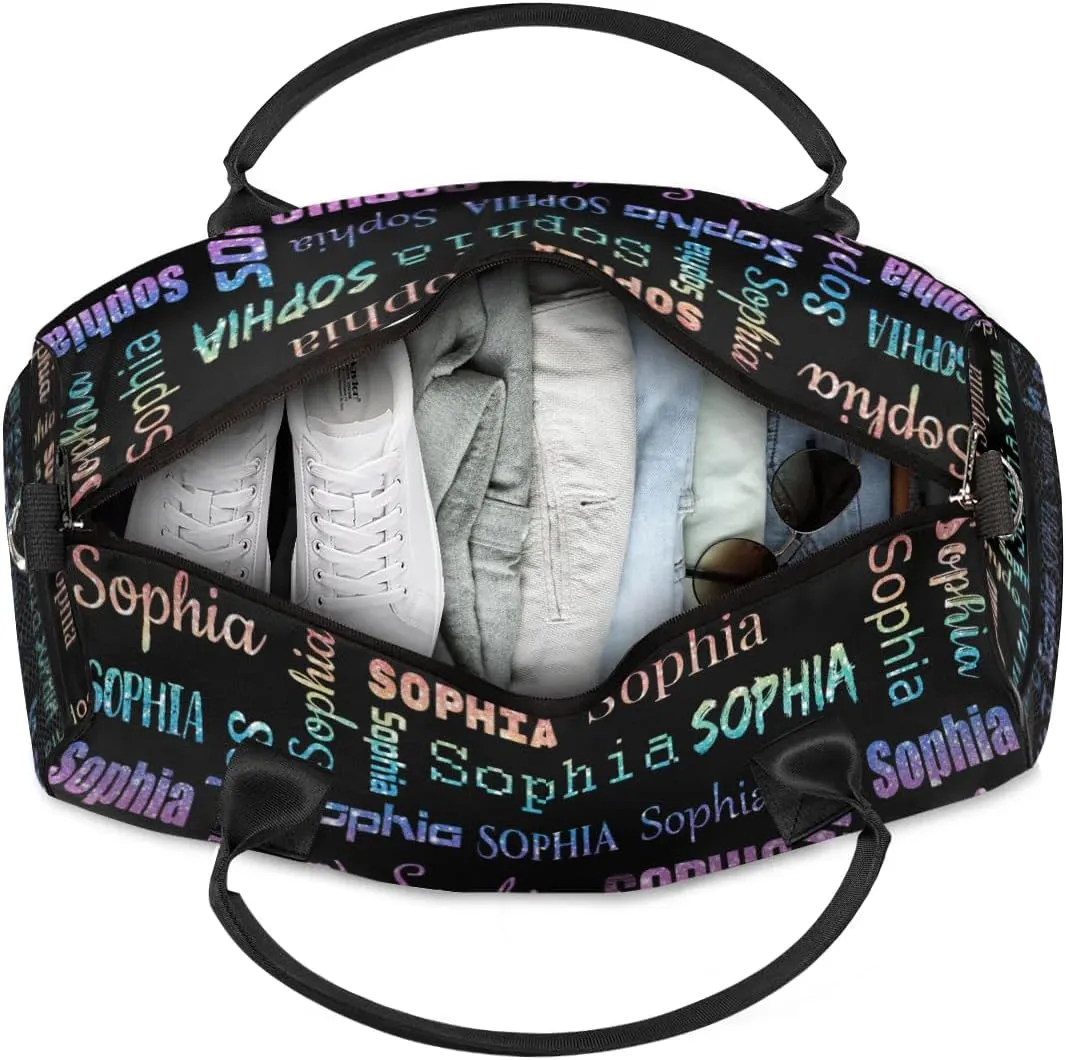 Custom Travel Duffel Bag with Light Rainbow Name, Personalized Gym Bag for Women Men Sports Tote Bags for Swimming Running Playing Ball, Weekender Overnight Bags