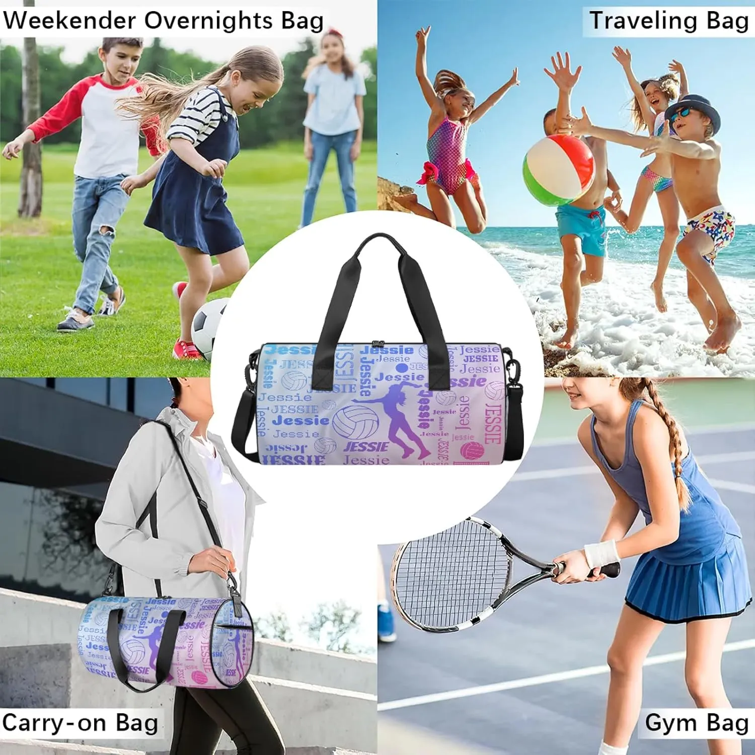 Custom Volleyball Sport Bags Personalized Sports Gym Bag with Name Overnight Weekender Duffel Bag Customized Gifts for Women Men, Blue Pink Purple