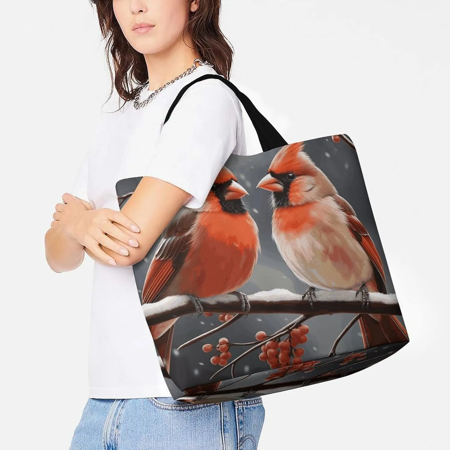 Cute Cardinal Birds Tote Bag for Women Reusable Grocery Shoulder Bags Shopping Bag for Travel, Groceries