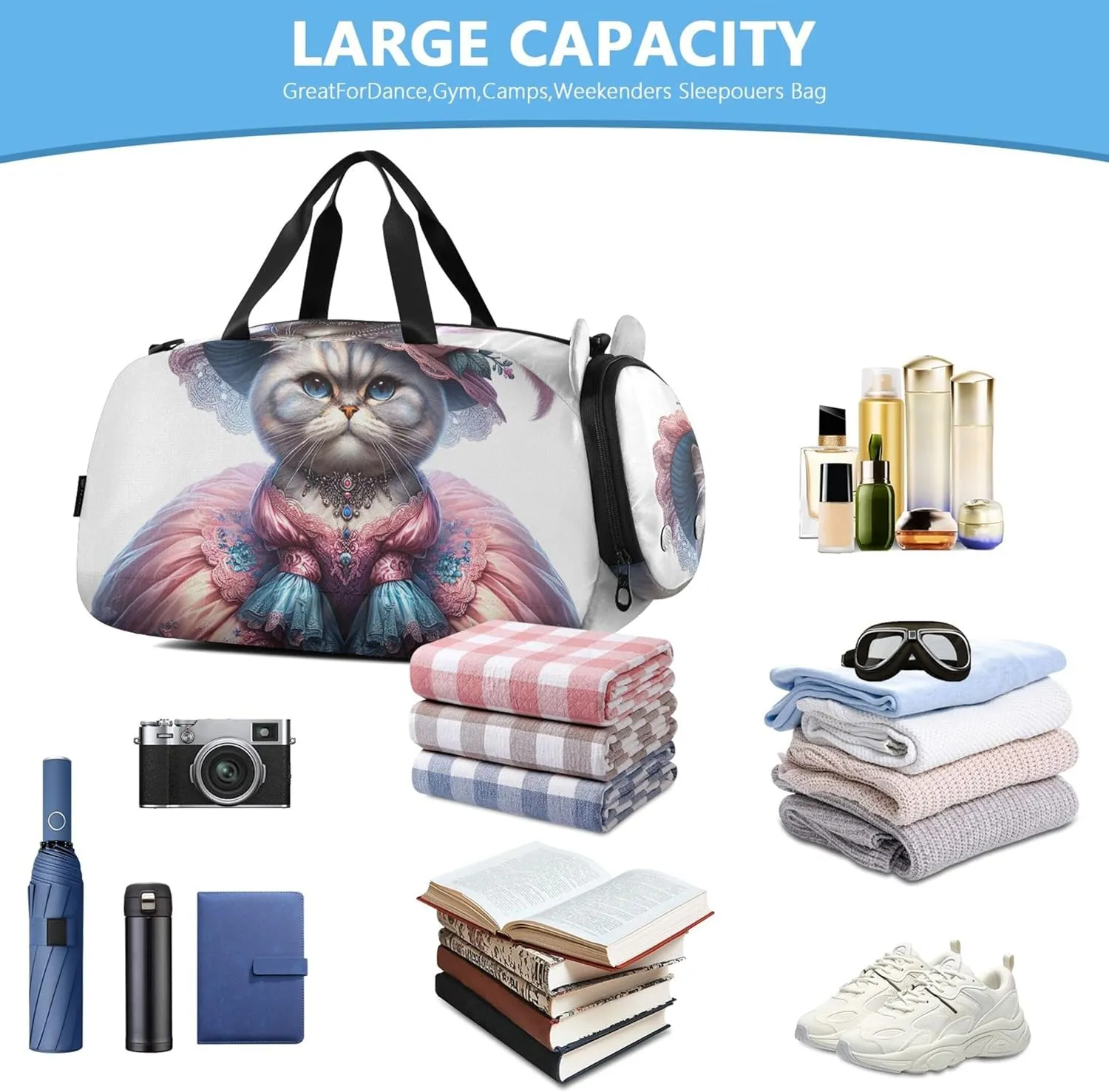 Cute Cat Dressed Boys Carry on Duffel Bag Weekend Duffel Overnight Girls Duffle Bags Travel Tote Dance Kids Luggage