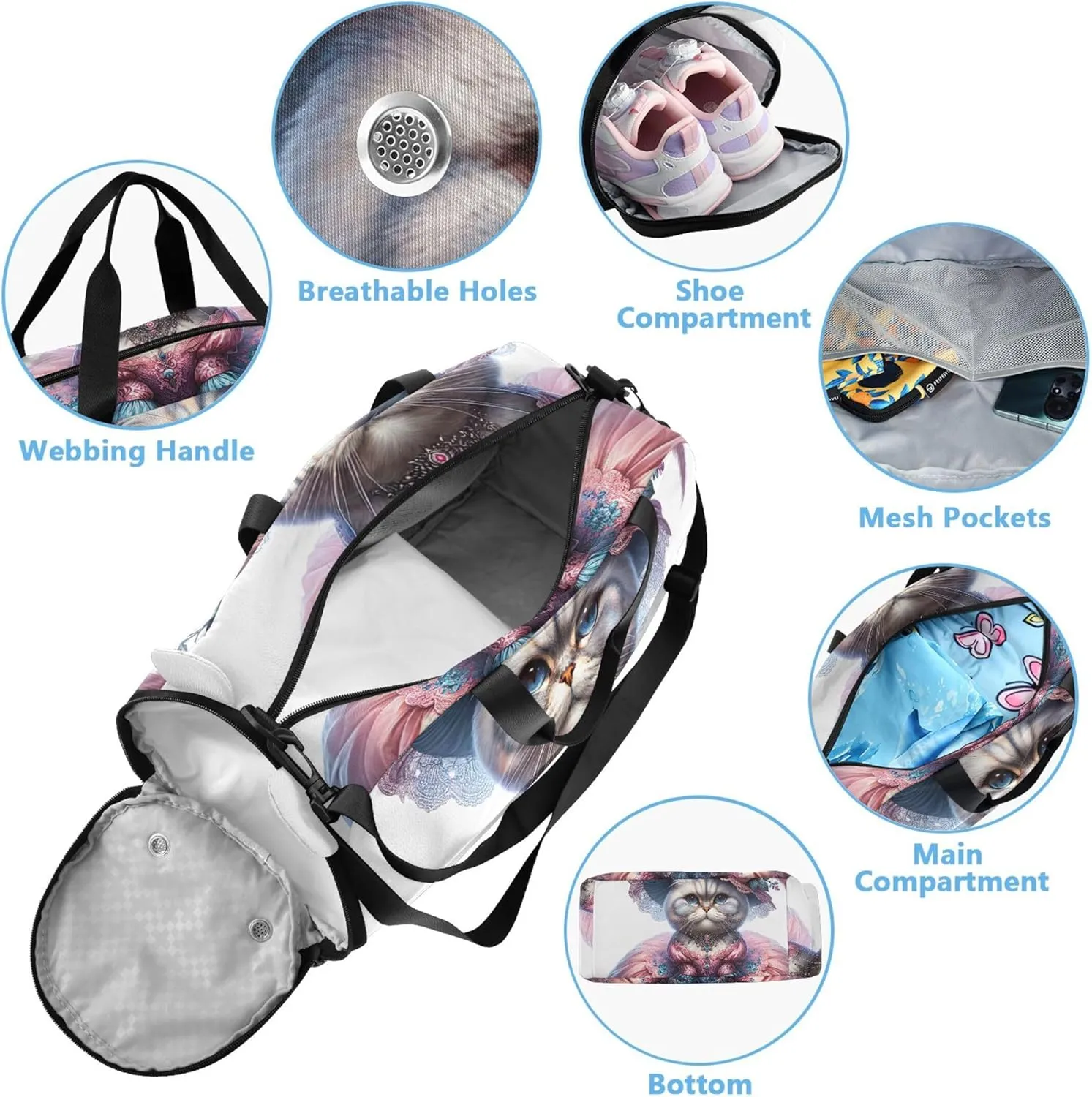 Cute Cat Dressed Boys Carry on Duffel Bag Weekend Duffel Overnight Girls Duffle Bags Travel Tote Dance Kids Luggage