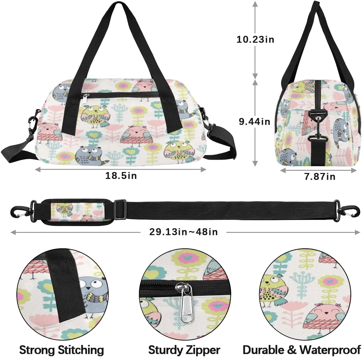 Cute Owls Floral Gym Bag, Duffle Bag, Weekender Bag, Duffel Bag, Overnight Bag, Travel Duffel Bag, Dance Bag, Tote Bag, Beach Bag, Pool Bag, Gym Duffle Bag, Carry on Bag