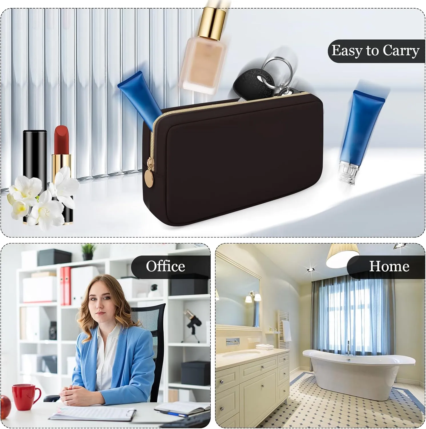 Cute Preppy Makeup Bag Cosmetic Zipper Pouch Organizer for Women, Waterproof Nylon Coin Pouch Sanitary Napkin Storage Bag for Work (Brown-Middle)