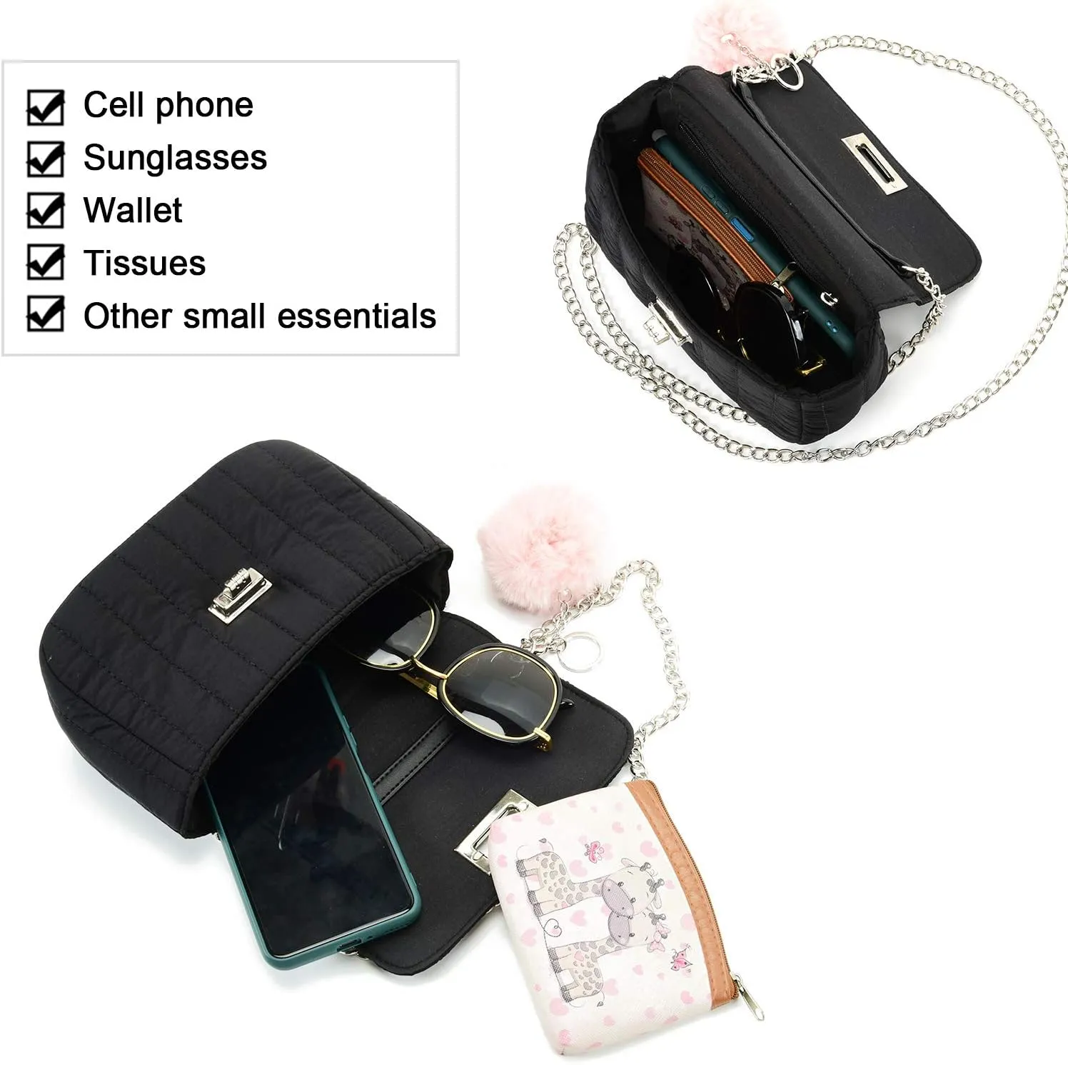 Cute Purses for Teen Girls Gifts, Small Purse and Quilted Crossbody Bags for Women with Chain, Nylon