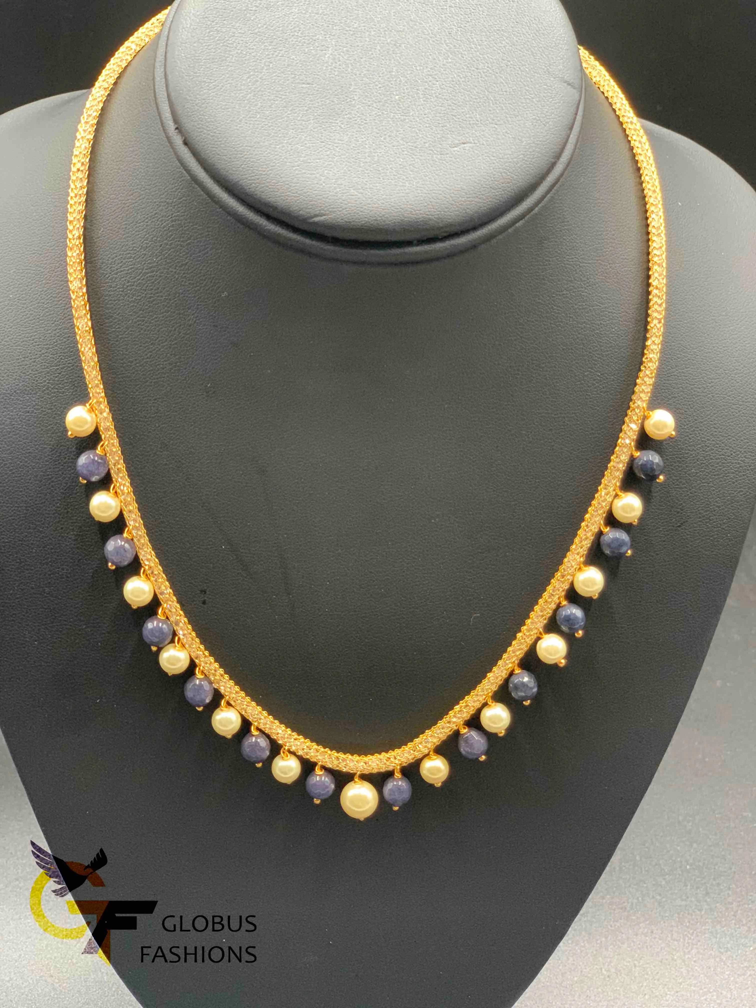 CZ stones mesh chain with black stones and pearls chain