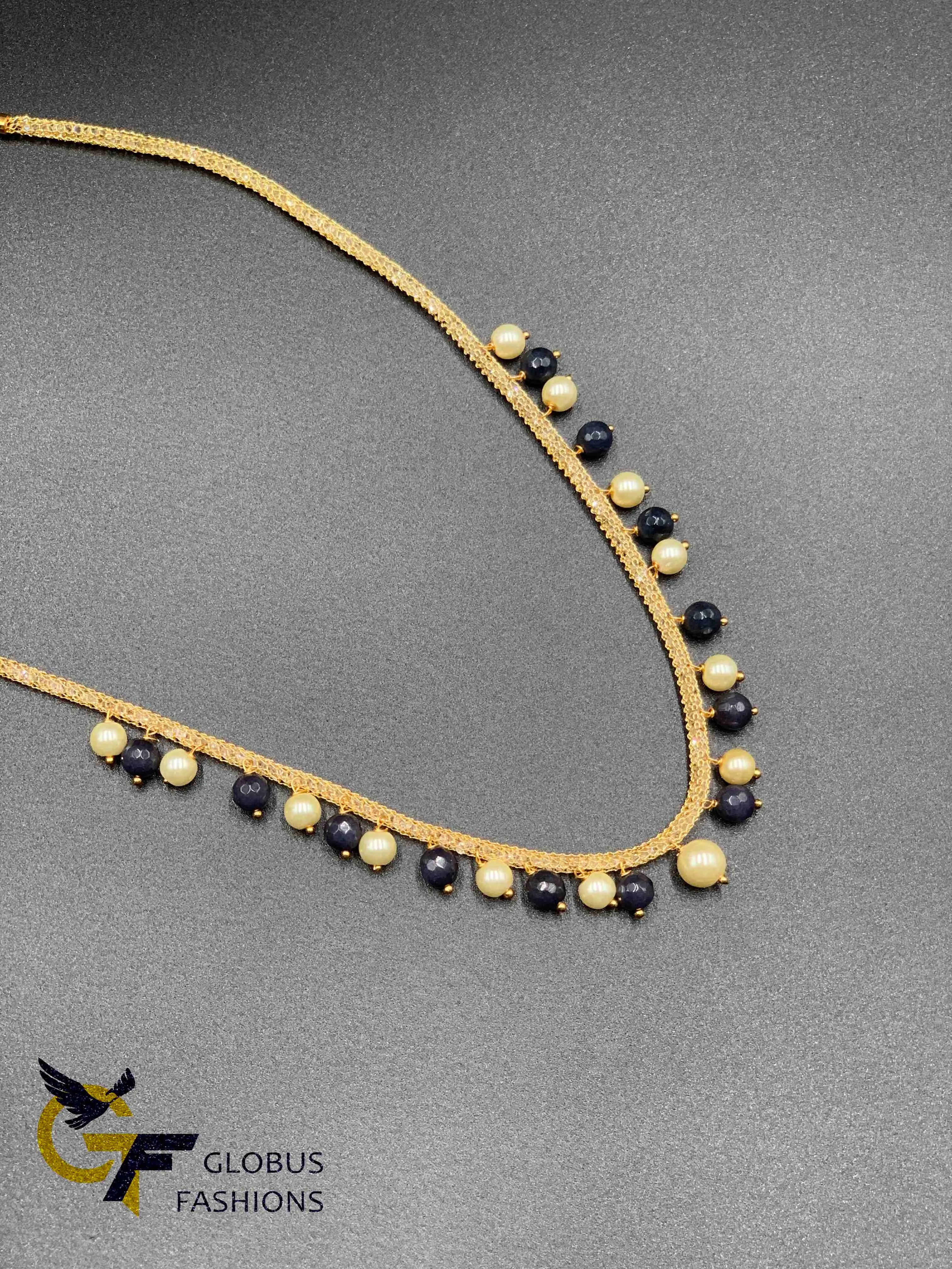 CZ stones mesh chain with black stones and pearls chain