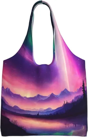 Dark Northern Lights Print Canvas Tote Bags,Reusable Cloth Bags For Shopping Beach Grocery Trendy