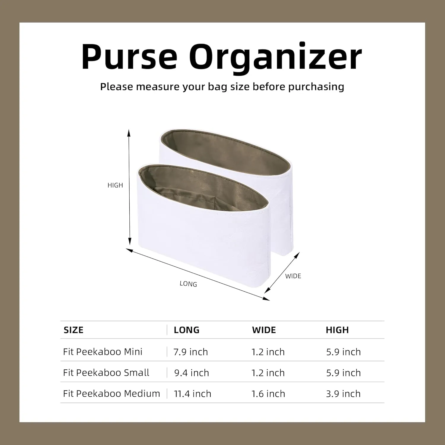 DGAZ Lightweight Purse Organizer Insert for Fendi Peekaboo Bag,silk and DupontPaper handbag inner for Luxury Bags(Etoupe grey,Peekaboo Mini)