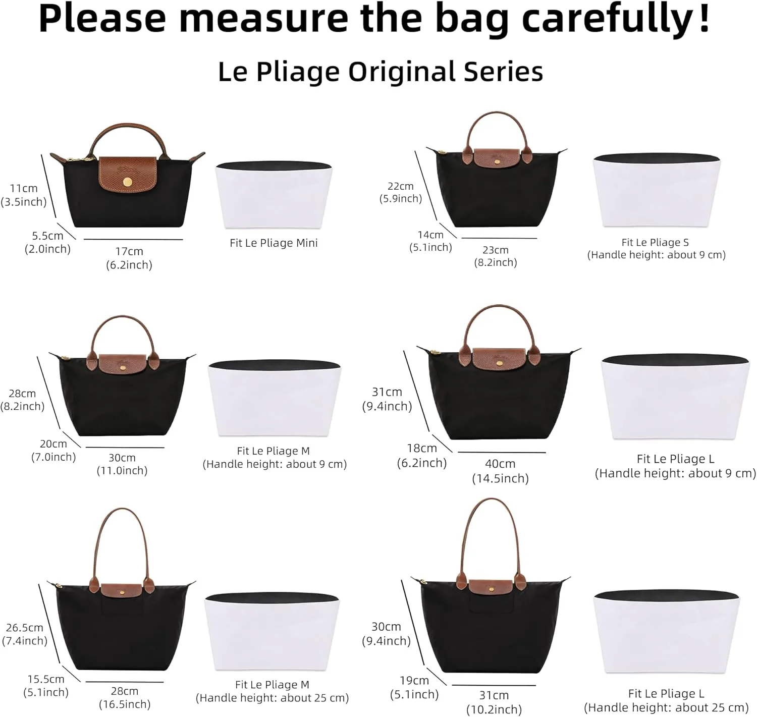 DGAZ Lightweight Purse Organizer Insert for Longchamp Le Pliage Original Series Bag,silk and DupontPaper handbag inner for Luxury Bags(Black,LE PLIAGE L（Handle height: about 9 cm）)