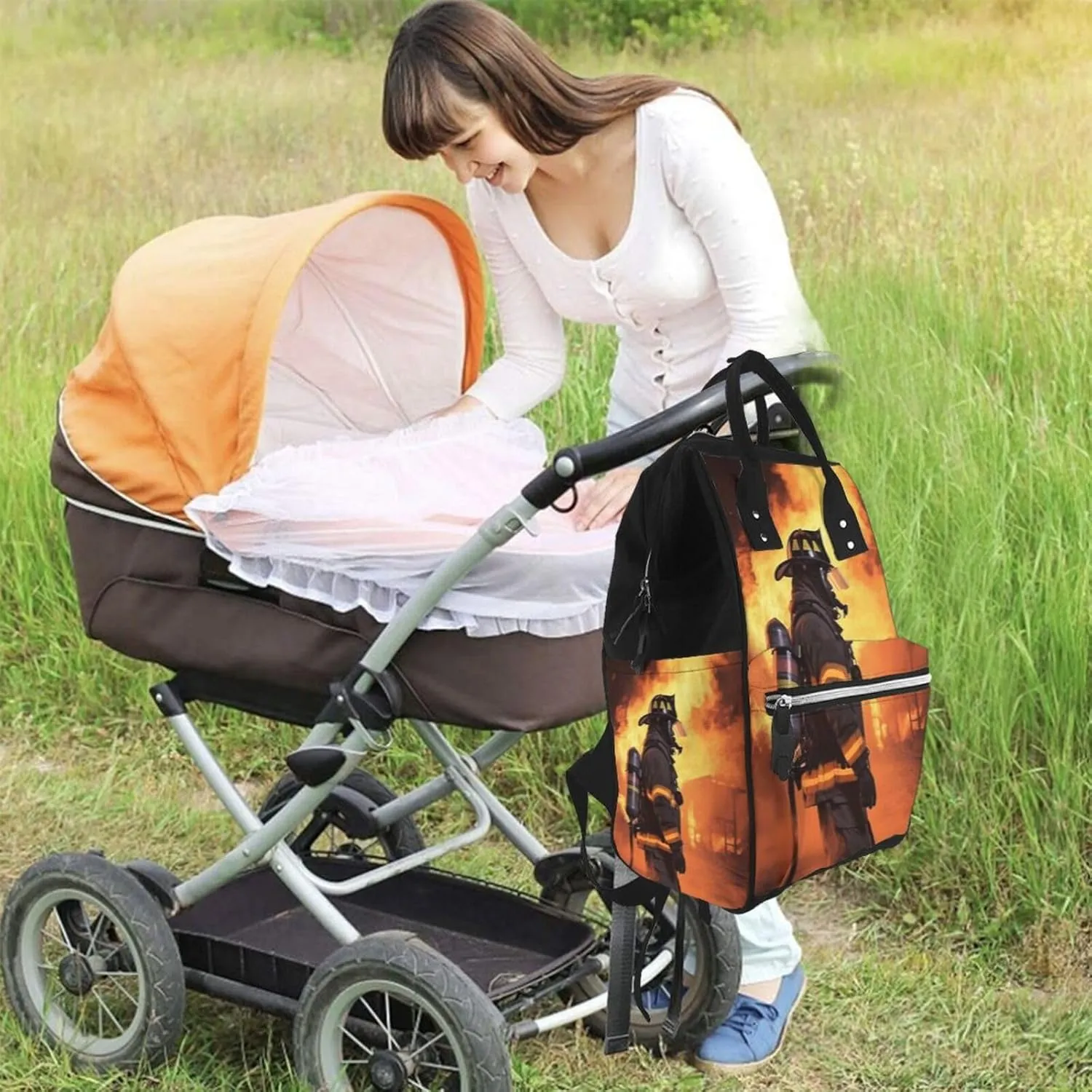 Diaper Bag Nappy Backpack Baby Bag Golden retriever Mummy Backpack Multifunction Changing Bags for Travel, Firefighter Fireman Flame, One Size