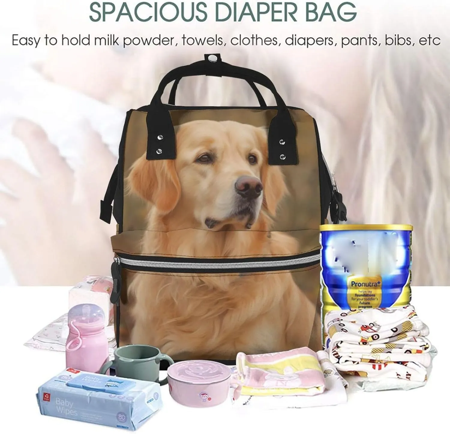 Diaper Bag Nappy Backpack Baby Bag Golden retriever Mummy Backpack Multifunction Changing Bags for Travel, Golden Retriever, One Size