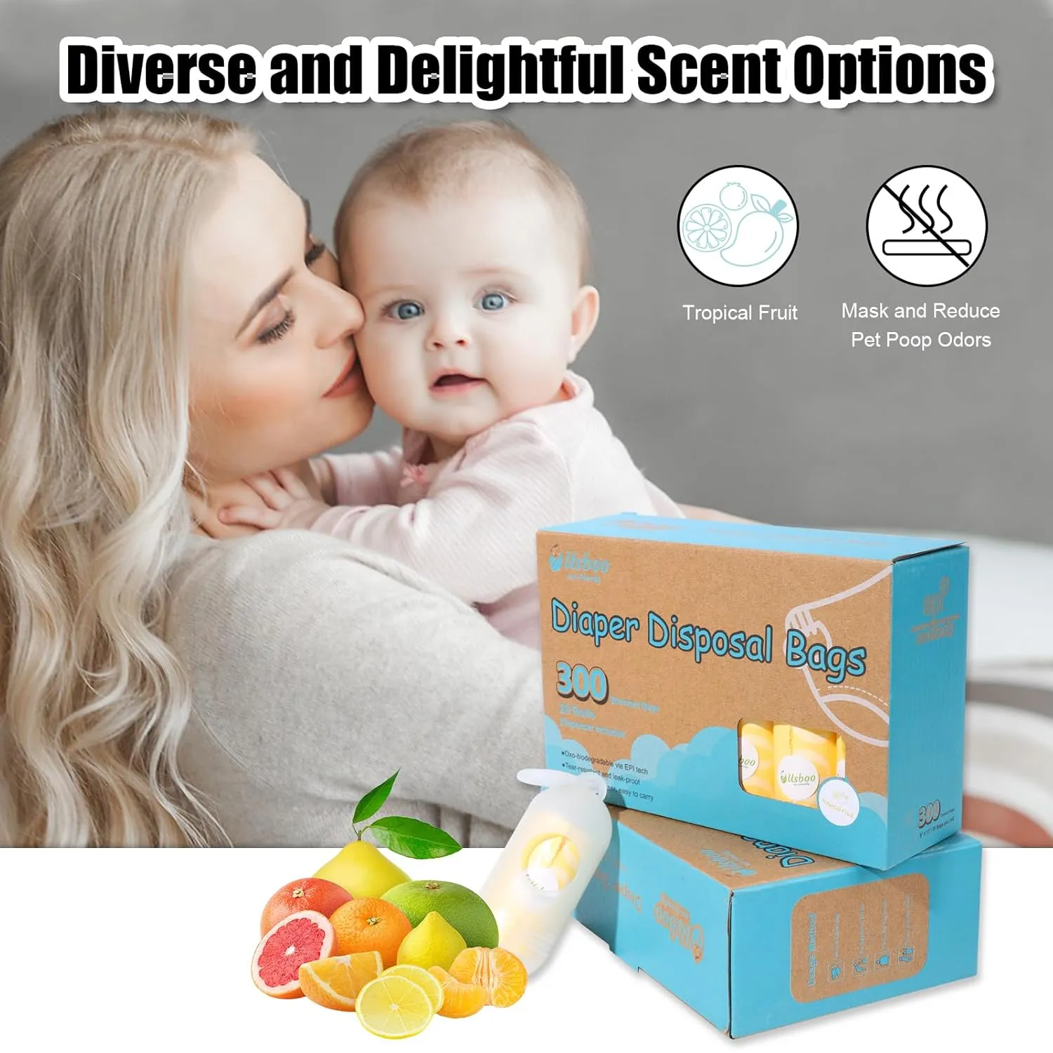 Diaper Disposal Bags - 20 Refill Rolls/300 Pack Baby Poop Bag with Dispenser | Tropical Fruit Scented | Leak Proof & Trash Bags for Diapers | Baby Essentials