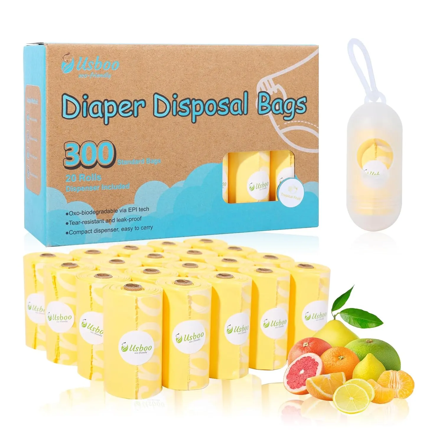 Diaper Disposal Bags - 20 Refill Rolls/300 Pack Baby Poop Bag with Dispenser | Tropical Fruit Scented | Leak Proof & Trash Bags for Diapers | Baby Essentials