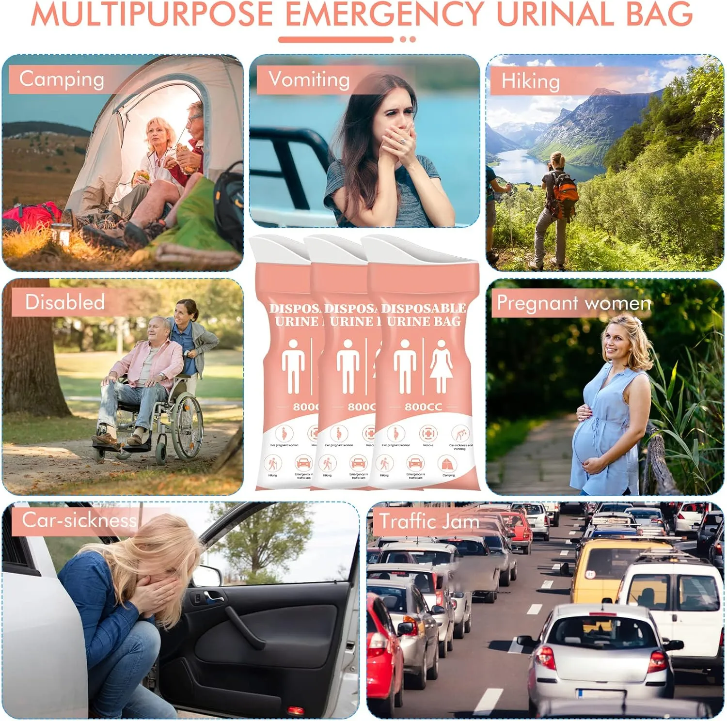 DIBBATU Disposable Urine Bag, 12/24 PCS Pee Bags for Travel for Women/Men, 800ML Emergency Portable Urinal Bag and Vomit Bags, Unisex Urinal Bag for Camping, Traffic Jams, Pregnant, Patient, Kids