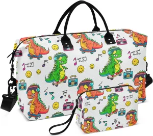 Dinosaur Radio Music White Sports Gym Bag for Women Men Travel Duffel Bag Weekend Overnight Carry on Bag with Toiletry Bag Training Handbag for Plane Hospital Workout Swimming Yoga
