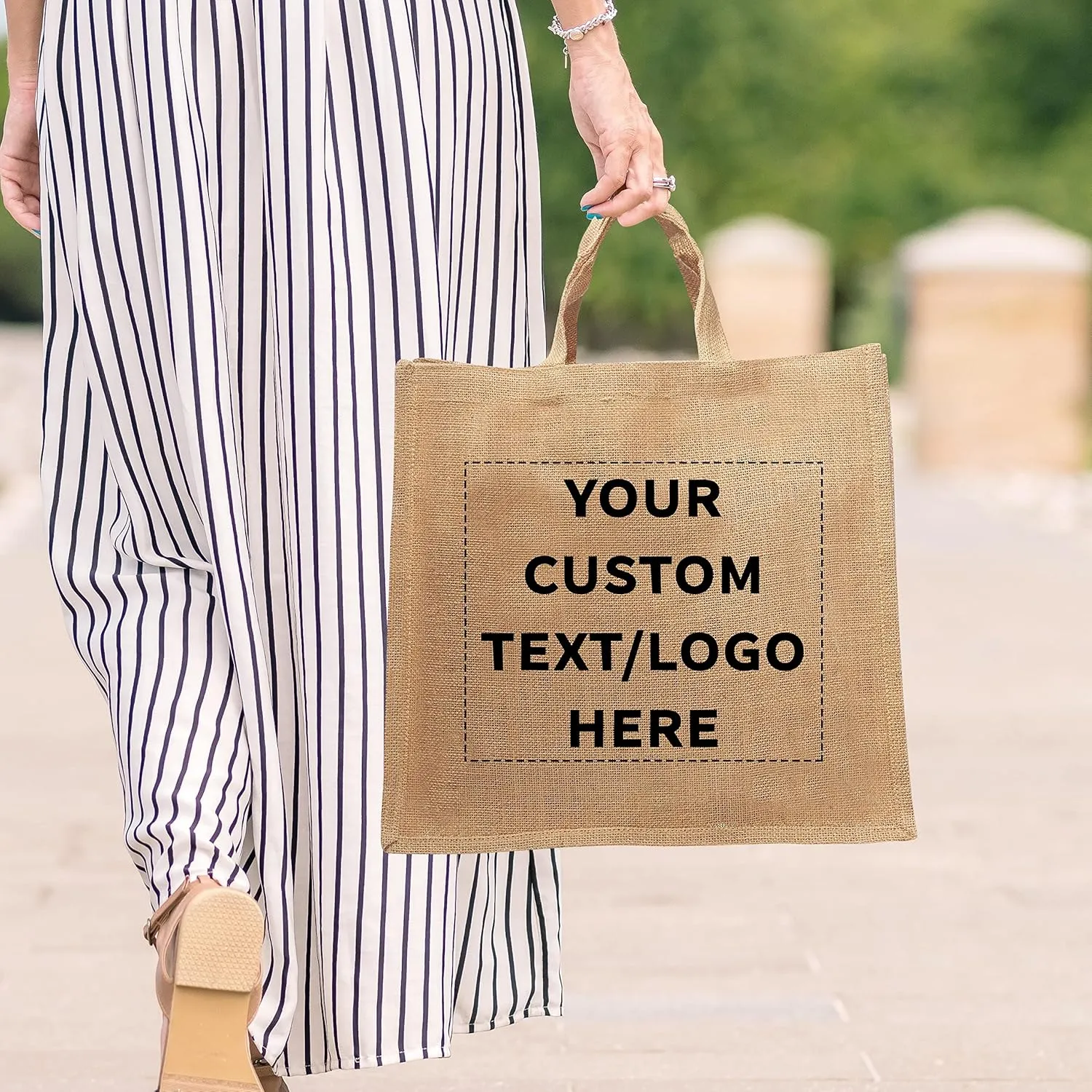 DISCOUNT PROMOS 10 Large Jute Tote Bags Set - Customizable Text, Logo - Sturdy, Recyclable, Reusable, Simple - Natural
