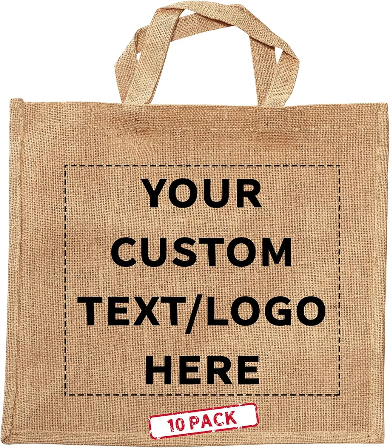 DISCOUNT PROMOS 10 Large Jute Tote Bags Set - Customizable Text, Logo - Sturdy, Recyclable, Reusable, Simple - Natural
