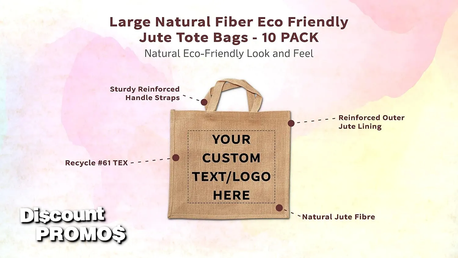 DISCOUNT PROMOS 10 Large Jute Tote Bags Set - Customizable Text, Logo - Sturdy, Recyclable, Reusable, Simple - Natural