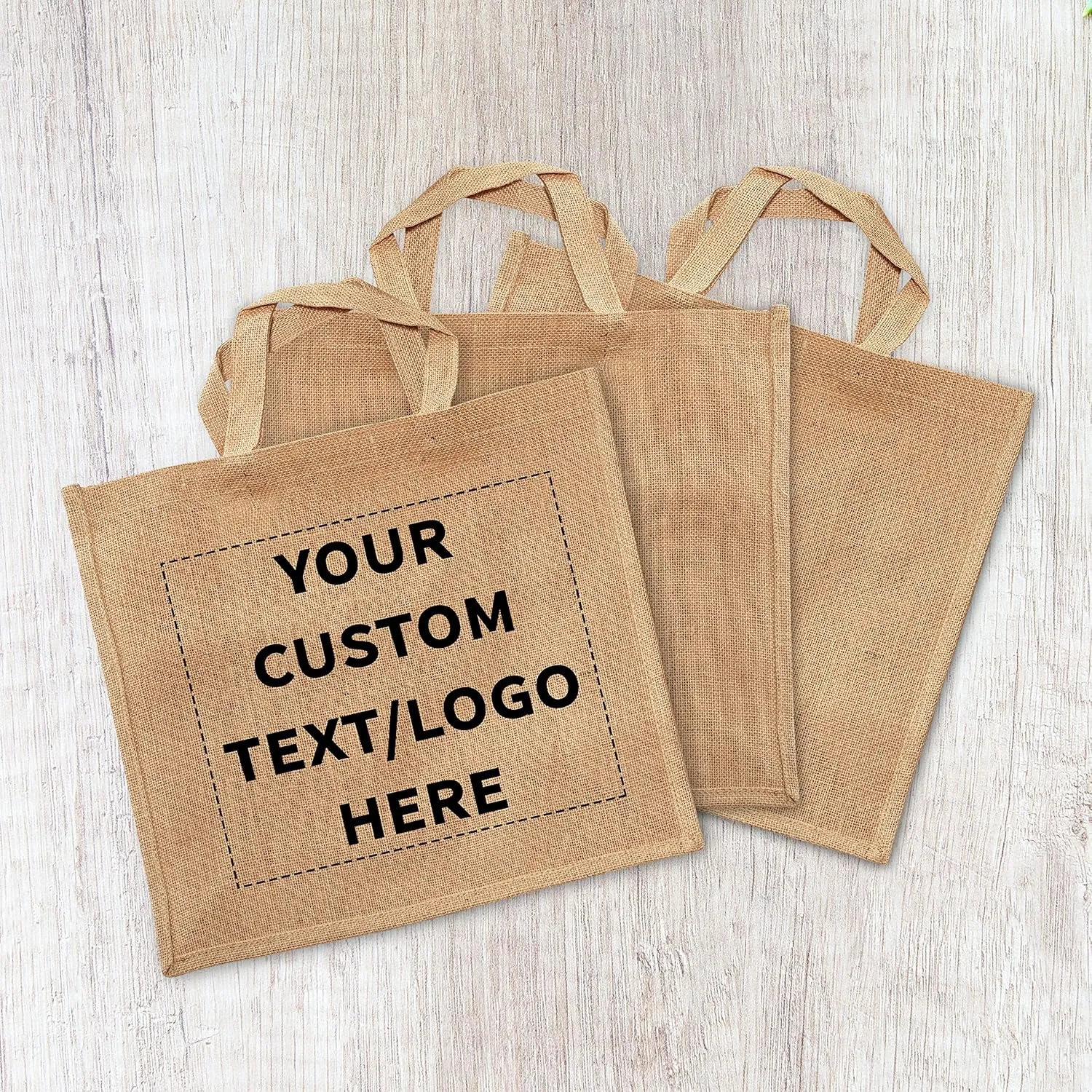 DISCOUNT PROMOS 10 Large Jute Tote Bags Set - Customizable Text, Logo - Sturdy, Recyclable, Reusable, Simple - Natural