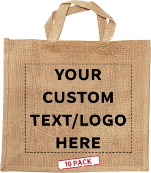 DISCOUNT PROMOS 10 Large Jute Tote Bags Set - Customizable Text, Logo - Sturdy, Recyclable, Reusable, Simple - Natural