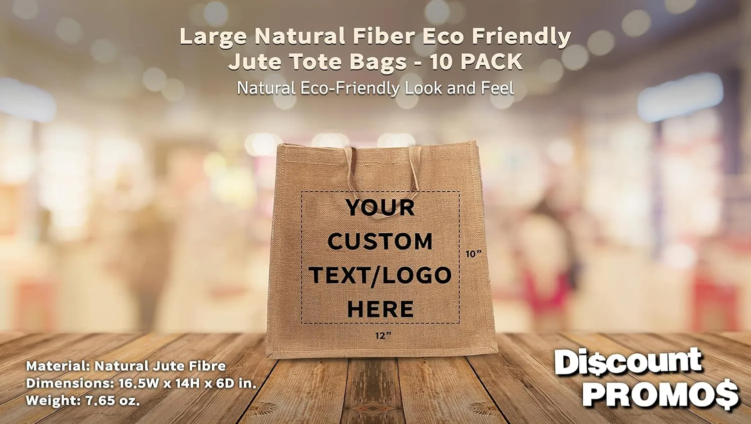 DISCOUNT PROMOS 10 Large Jute Tote Bags Set - Customizable Text, Logo - Sturdy, Recyclable, Reusable, Simple - Natural