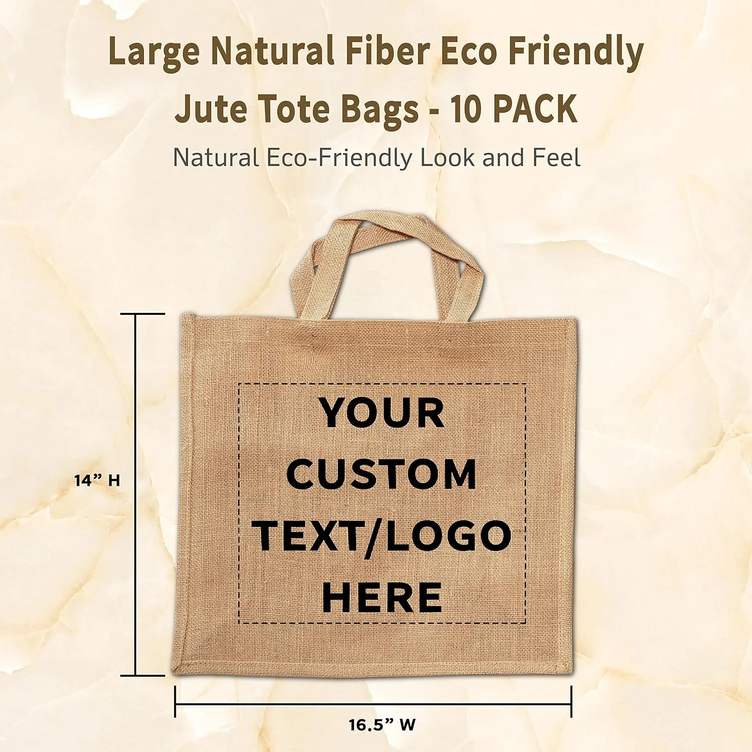 DISCOUNT PROMOS 10 Large Jute Tote Bags Set - Customizable Text, Logo - Sturdy, Recyclable, Reusable, Simple - Natural