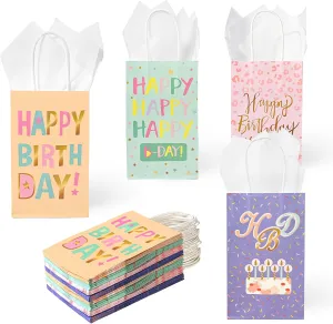 DjinnGlory 36 Pack Small Happy Birthday Paper Gift Bags with White Tissue Paper for Birthday Party Favors Goodies, 9x5.5x3.15 Inch (Pastel Peach, Mint Green, Pink, Purple)