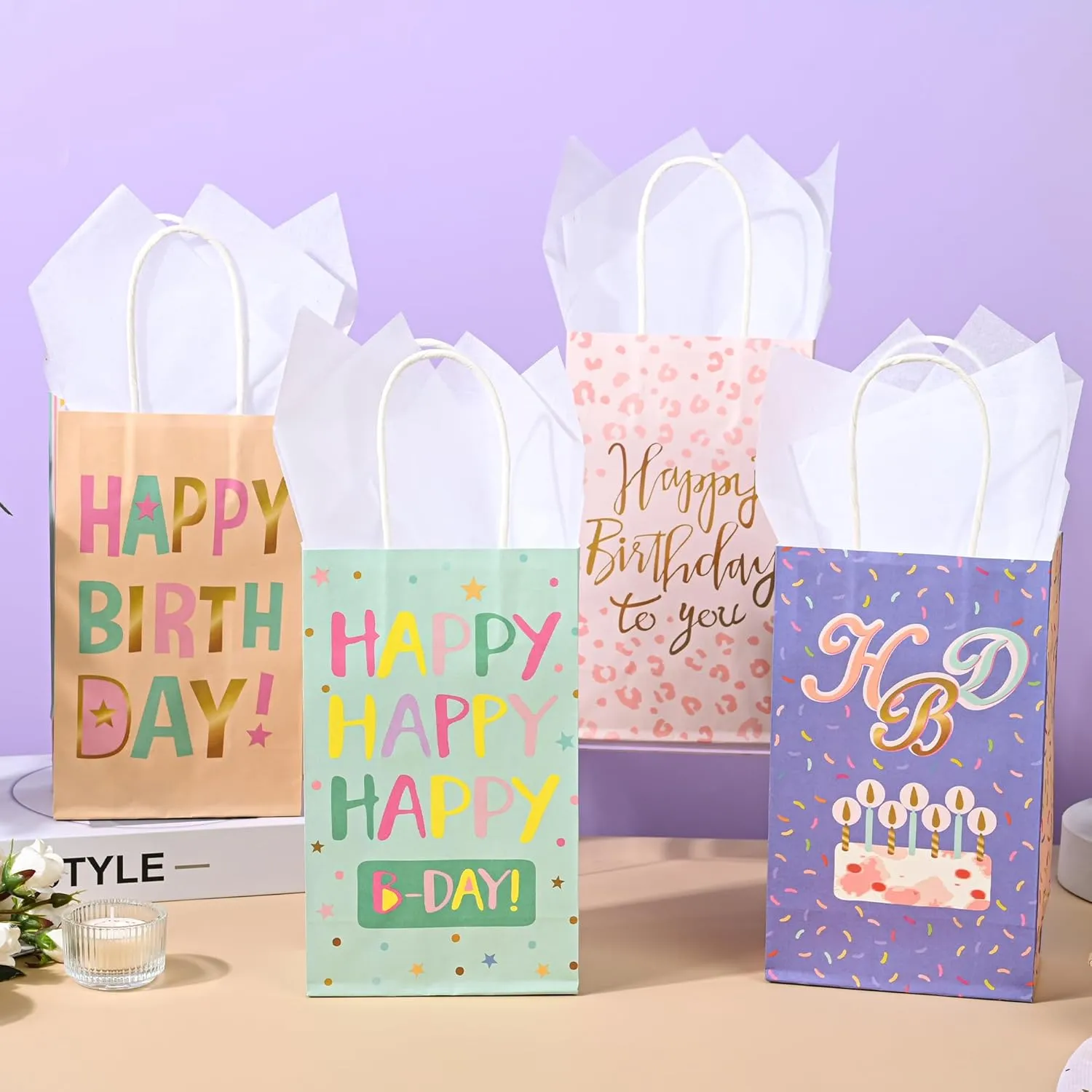 DjinnGlory 36 Pack Small Happy Birthday Paper Gift Bags with White Tissue Paper for Birthday Party Favors Goodies, 9x5.5x3.15 Inch (Pastel Peach, Mint Green, Pink, Purple)