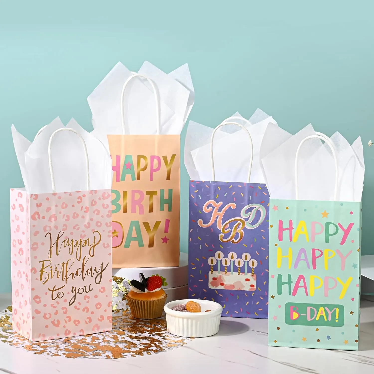 DjinnGlory 36 Pack Small Happy Birthday Paper Gift Bags with White Tissue Paper for Birthday Party Favors Goodies, 9x5.5x3.15 Inch (Pastel Peach, Mint Green, Pink, Purple)