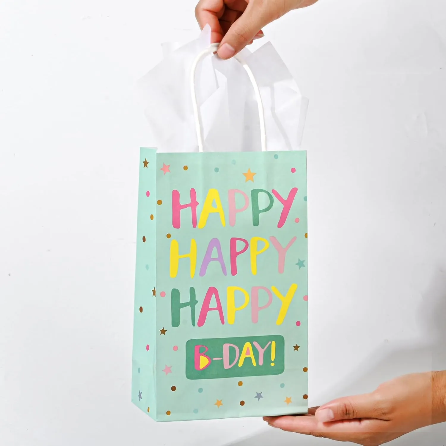 DjinnGlory 36 Pack Small Happy Birthday Paper Gift Bags with White Tissue Paper for Birthday Party Favors Goodies, 9x5.5x3.15 Inch (Pastel Peach, Mint Green, Pink, Purple)