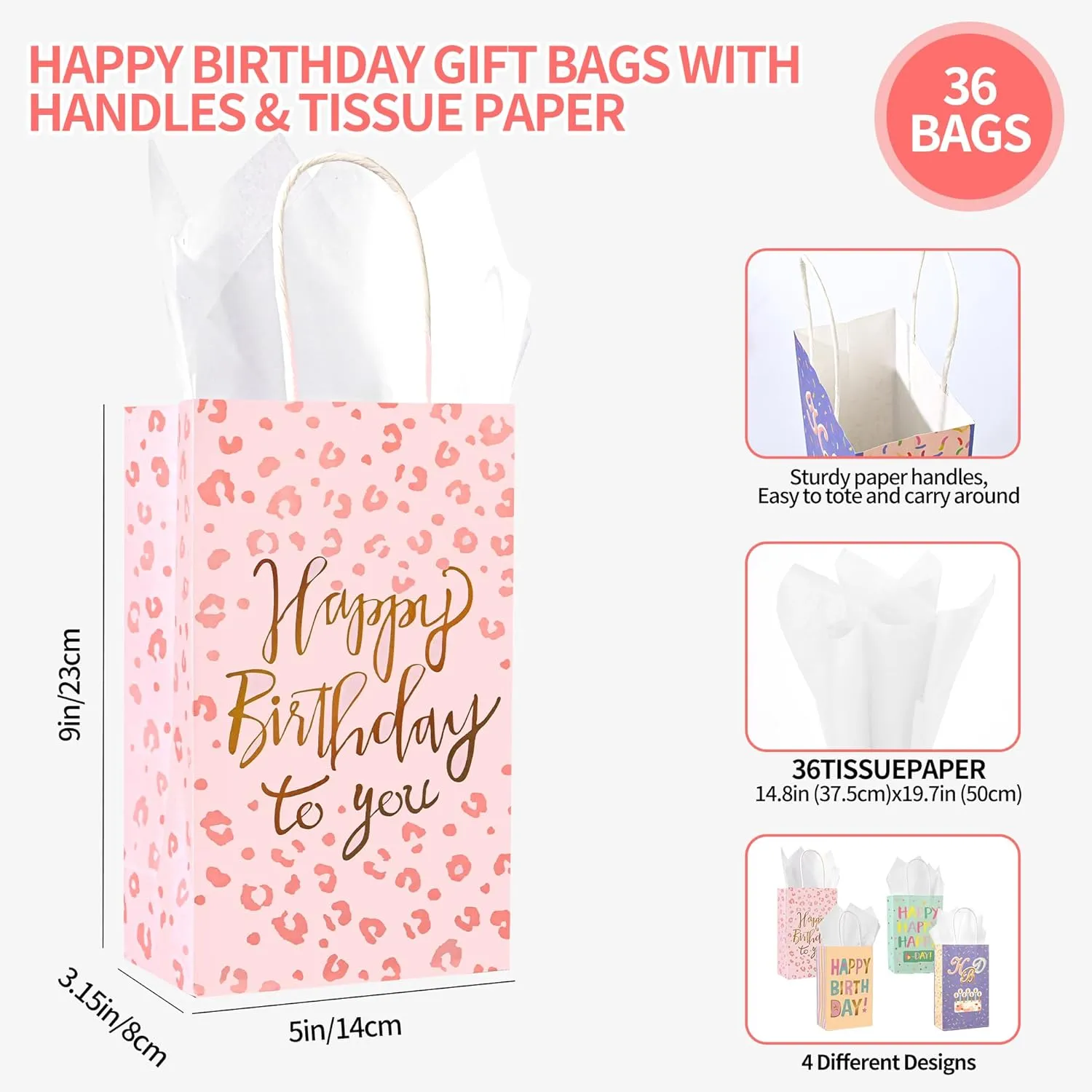 DjinnGlory 36 Pack Small Happy Birthday Paper Gift Bags with White Tissue Paper for Birthday Party Favors Goodies, 9x5.5x3.15 Inch (Pastel Peach, Mint Green, Pink, Purple)