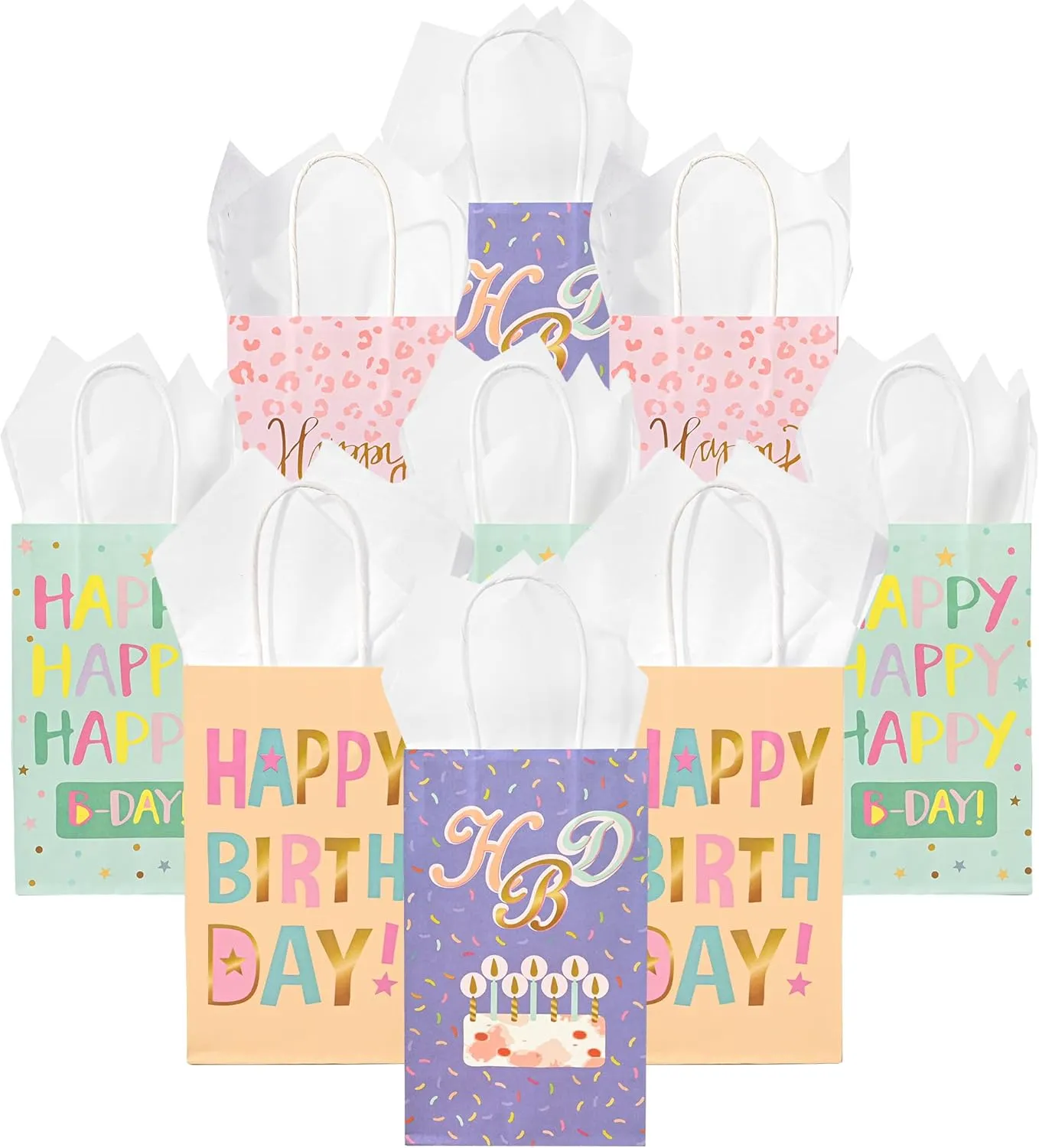 DjinnGlory 36 Pack Small Happy Birthday Paper Gift Bags with White Tissue Paper for Birthday Party Favors Goodies, 9x5.5x3.15 Inch (Pastel Peach, Mint Green, Pink, Purple)