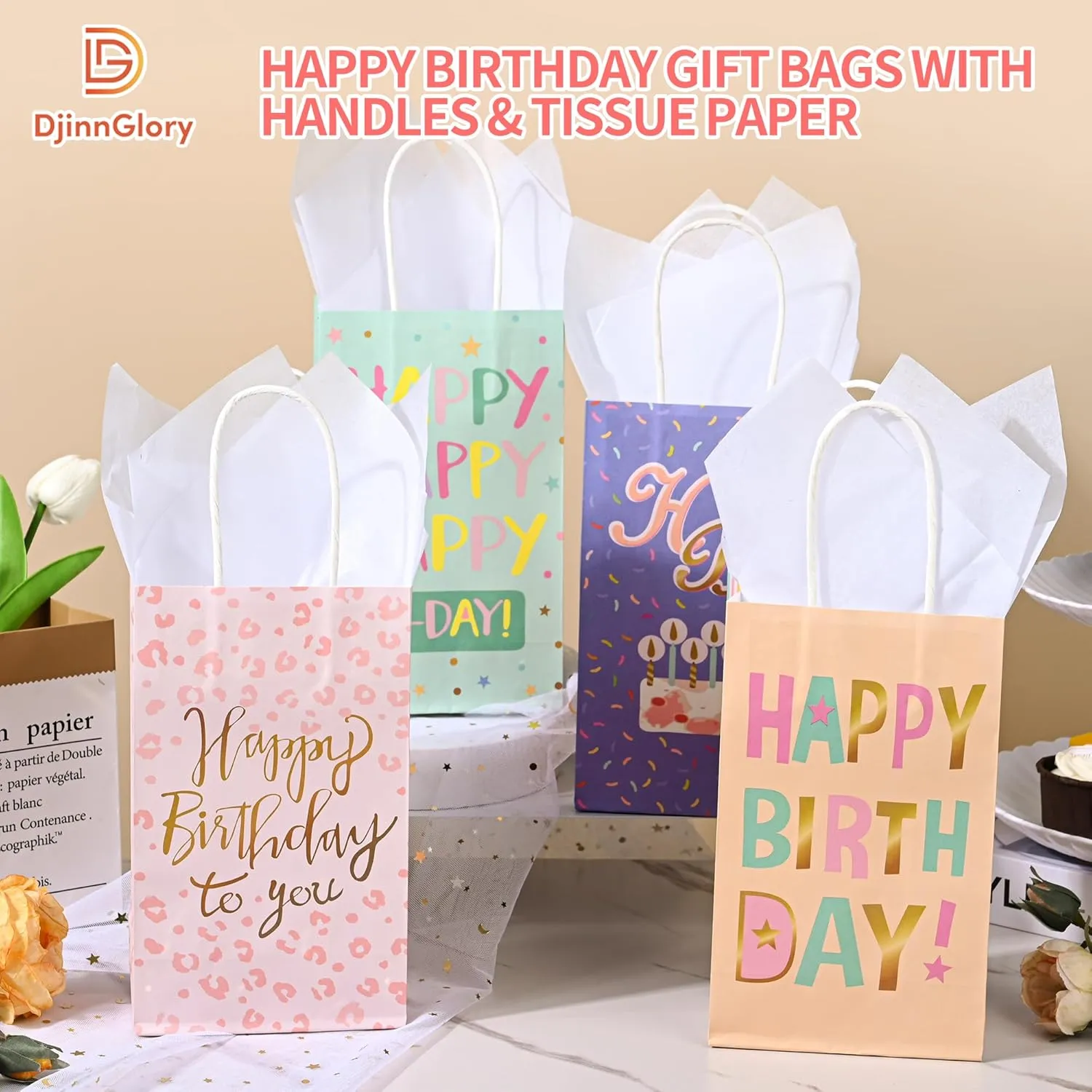 DjinnGlory 36 Pack Small Happy Birthday Paper Gift Bags with White Tissue Paper for Birthday Party Favors Goodies, 9x5.5x3.15 Inch (Pastel Peach, Mint Green, Pink, Purple)