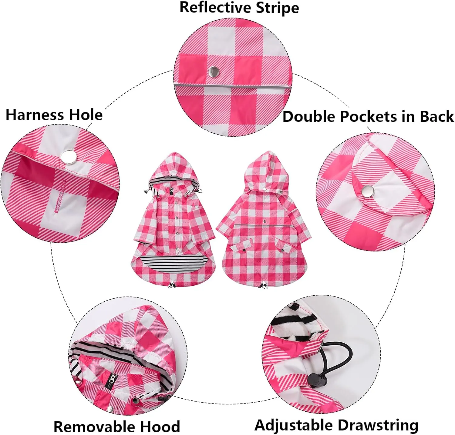 Dog rain Coat Waterproof Raincoat Puppy Jacket with Legs Buttons Zipper Hood Drawstring Fit for Yorkie Terrier Schnauzer Poodle Border Collie Labrador Golden Retriever 8lbs to 80lbs Pink S