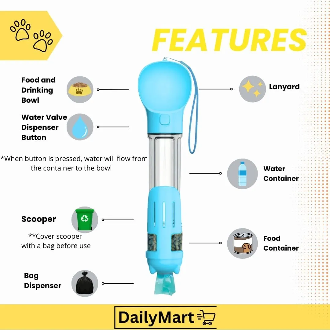 Dog Water Dispenser Portable Bottle, with Food Container, Poop Bag Holder, Scooper, Carry Lanyard, Puppy Travel Water Bowl All in One Multifunctional (Blue - Turquoise, 500ml)