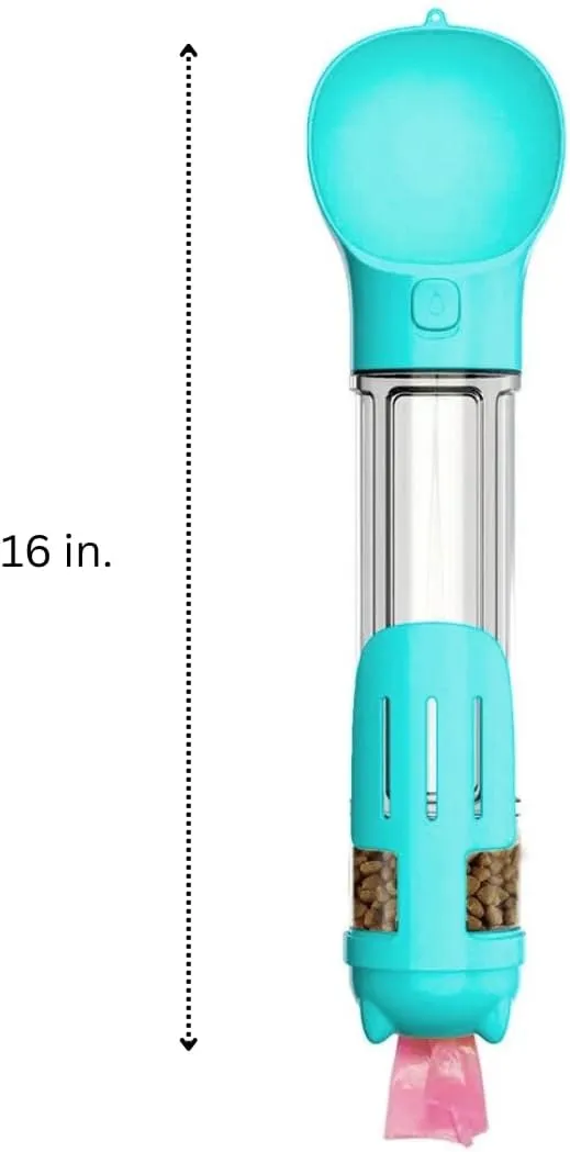 Dog Water Dispenser Portable Bottle, with Food Container, Poop Bag Holder, Scooper, Carry Lanyard, Puppy Travel Water Bowl All in One Multifunctional (Blue - Turquoise, 500ml)