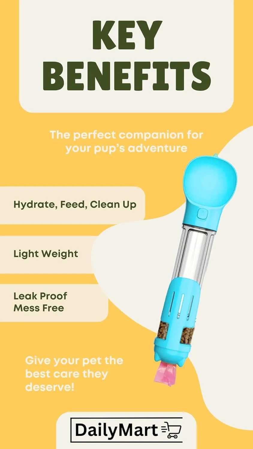 Dog Water Dispenser Portable Bottle, with Food Container, Poop Bag Holder, Scooper, Carry Lanyard, Puppy Travel Water Bowl All in One Multifunctional (Blue - Turquoise, 500ml)