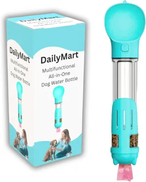 Dog Water Dispenser Portable Bottle, with Food Container, Poop Bag Holder, Scooper, Carry Lanyard, Puppy Travel Water Bowl All in One Multifunctional (Blue - Turquoise, 500ml)