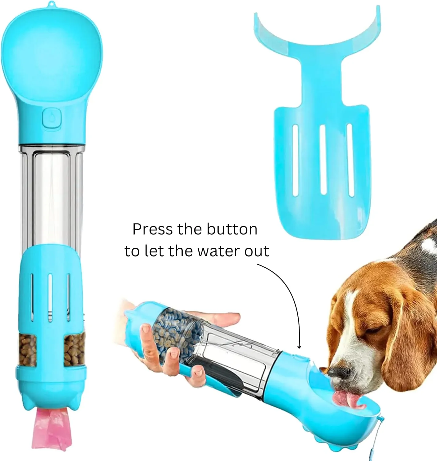 Dog Water Dispenser Portable Bottle, with Food Container, Poop Bag Holder, Scooper, Carry Lanyard, Puppy Travel Water Bowl All in One Multifunctional (Blue - Turquoise, 500ml)